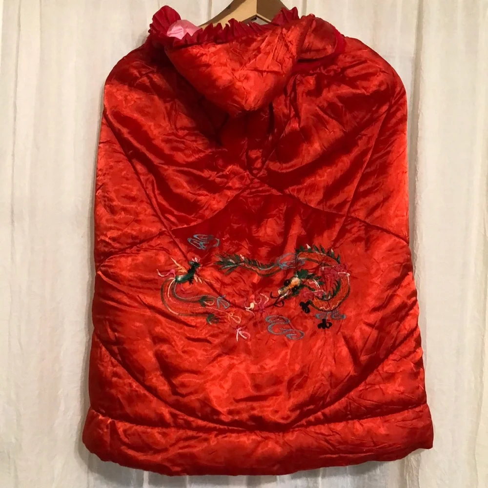 Kids Vintage Red Satin Reversible Embroidered Dragon Cape Hooded Cloak Poncho Sm
